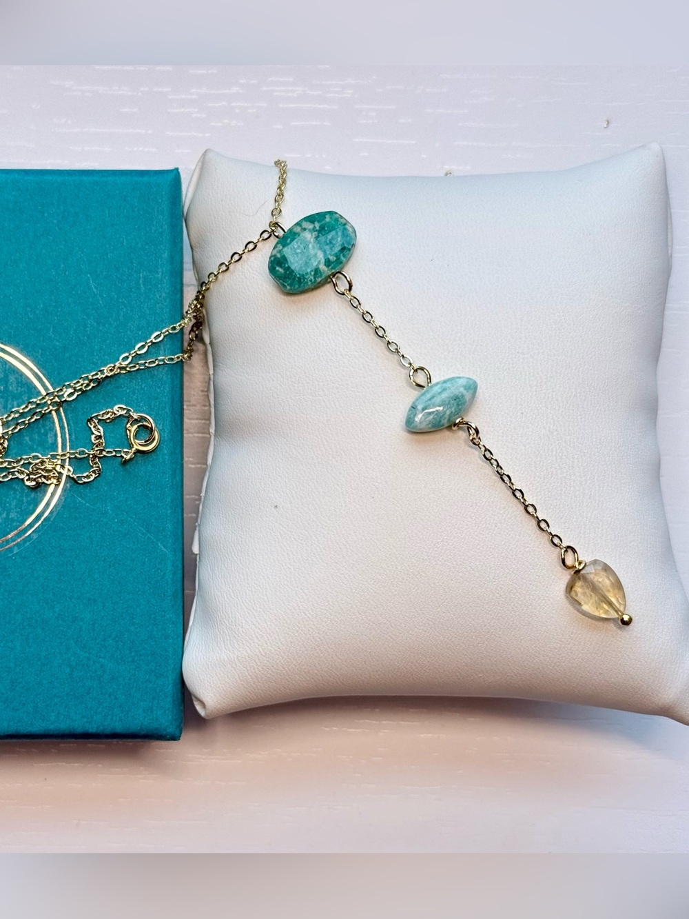 Gold Y Necklace with Teal Amazonite Stones and Citrine Lariat Sterling Silver